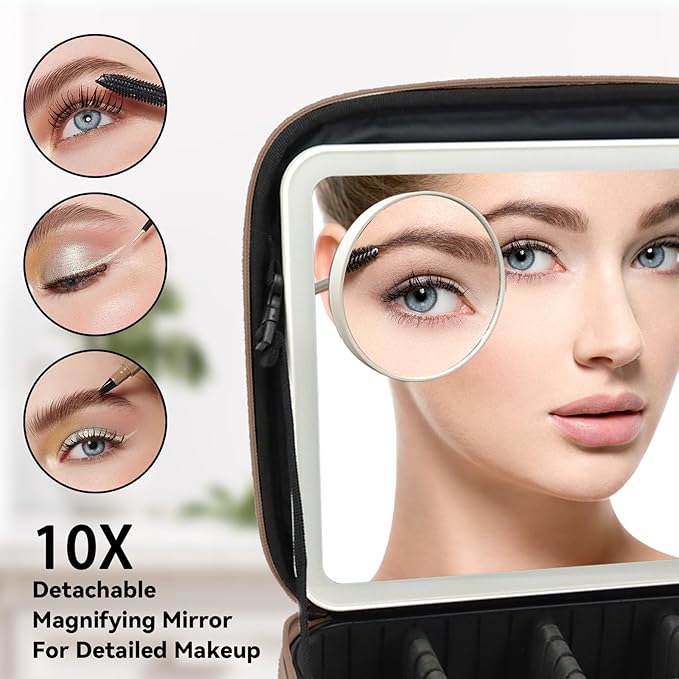 SLUMAZI Travel Makeup Bag with LED Mirror and 10x magnifying glass with 3 Lighted Settings, Adjustable Dividers and Makeup Brush Storage Bag Mocha