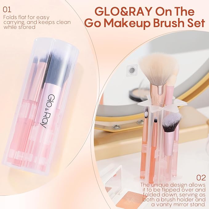 GLO&RAY Makeup Brushes 6Pcs - Travel Make Up Brush Set Professional for Eyeshadow, Foundation, Powder, Concealer, Blush, Eyeliner & Brow Blending Portable Face Cosmetic Brushes Kit with Case Mini