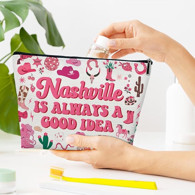 Ythuil Nashville Travel Makeup Bag, Nashville Lover Gift Cosmetic Bag, Country Music Themed Gifts For Traveller Women Friends Sister, Birthday Christmas Bachelorette Party Favors for Girl