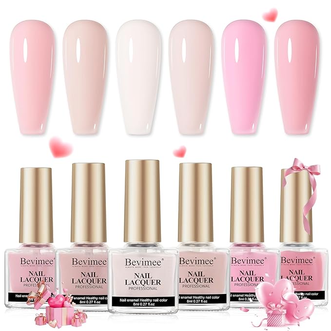 Nude Nail Polish Set: Quick Dry Pink Nail Lacquer Non Gel Regular Sheer Colors White Light Pink Natural Fingerpolish Fast Drying DIY Valentine's Day Gift for Women, 6 Colors 8lm/0.27fl.oz