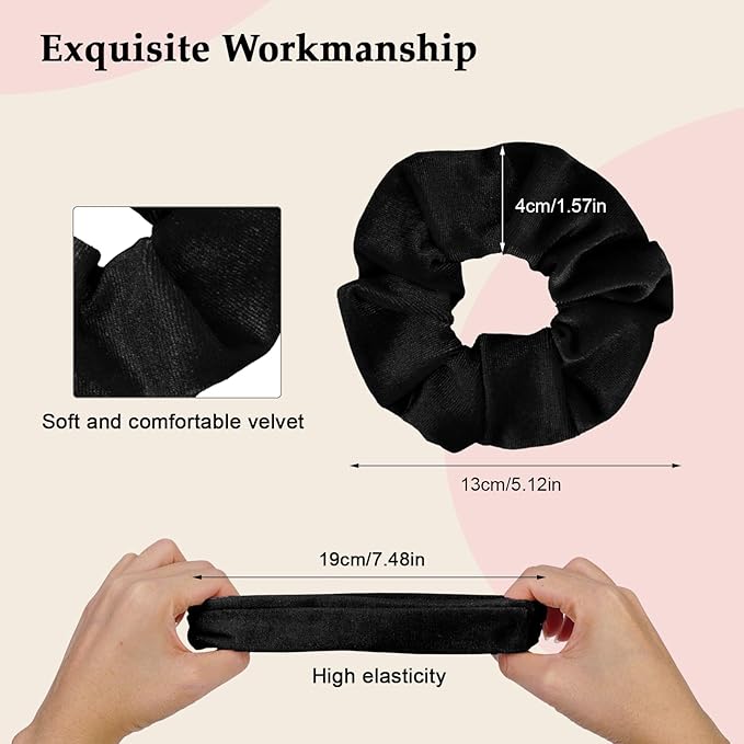 Velvet Scrunchies for Women – 8PCS Black Large Hair Ties – No Crease, Frizz-Free, Soft & Gentle Elastic Hair Bands for Fine, Short, or Everyday Hair, Stylish Hair Accessories Gifts