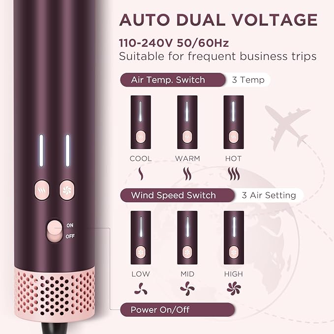 7-in-1 Hot Air Styler, PARWIN PRO BEAUTY Travel Dual Voltage MaxAIR 2.0 Multi-Styler Set, 110,000RPM High Speed Hair Dryer Brush with Air Hair Straightener, 1.1 Inch Auto-Wrap Curlers, Jasper Plum