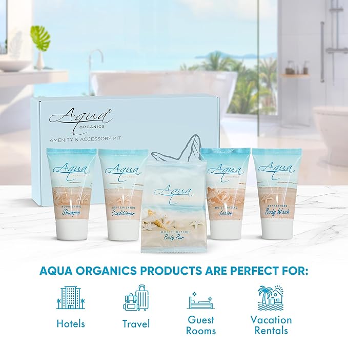 1-Shoppe Aqua Organics Amenity Kit | Boxed Hotel Toiletries Bulk Set | 1 oz Shampoo, Conditioner, Lotion, Body Wash & Bar Soap | 5 piece set