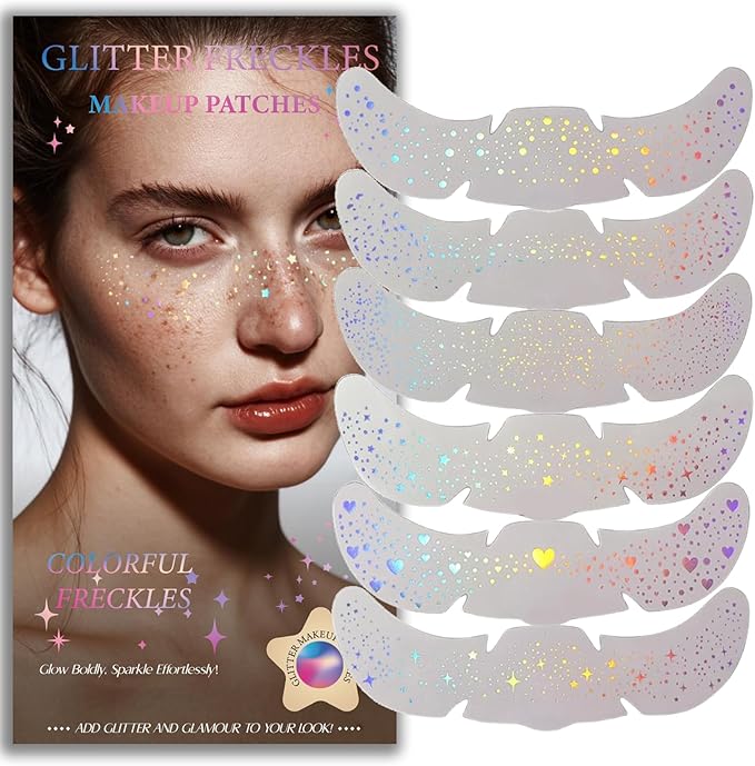 Glitter Freckles, Holographic Face and Body Glitter Tattoo Sparkle for Women Gold Glow Cosmetic Star Makeup Accessories for Festival Rave (Holographic)
