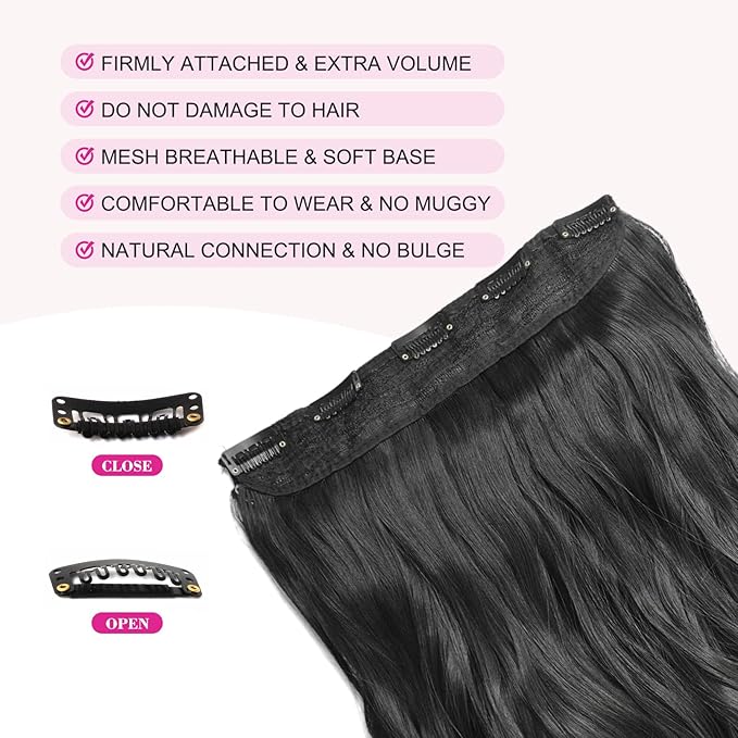 REECHO 18" 1-Pack 3/4 Full Head Curly Wavy Clips in on Synthetic Hair Extensions HE008 Hairpieces for Women 5 Clips 4.0 Oz per Piece - Natural Black