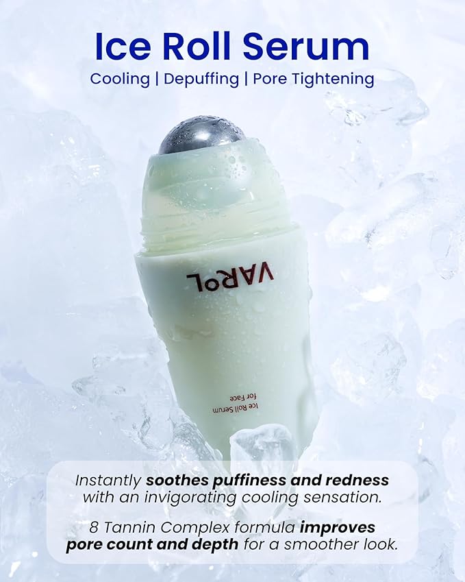 VAROL Ice Roll Serum for Face, Puffy Eyes, Under Eye Bags - Panthenol & Tannin for Hydrating, Pore Minimizing, Ice Roller for Puffiness, Redness, Dark Circles - Korean Skin Care & Gua Sha, 1.69 Fl Oz