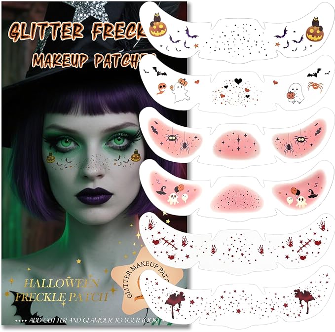 Glitter Freckles, Holographic Face and Body Glitter Tattoo Sparkle for Women Gold Glow Cosmetic Star Makeup Accessories for Festival Rave (6pcs Halloween)