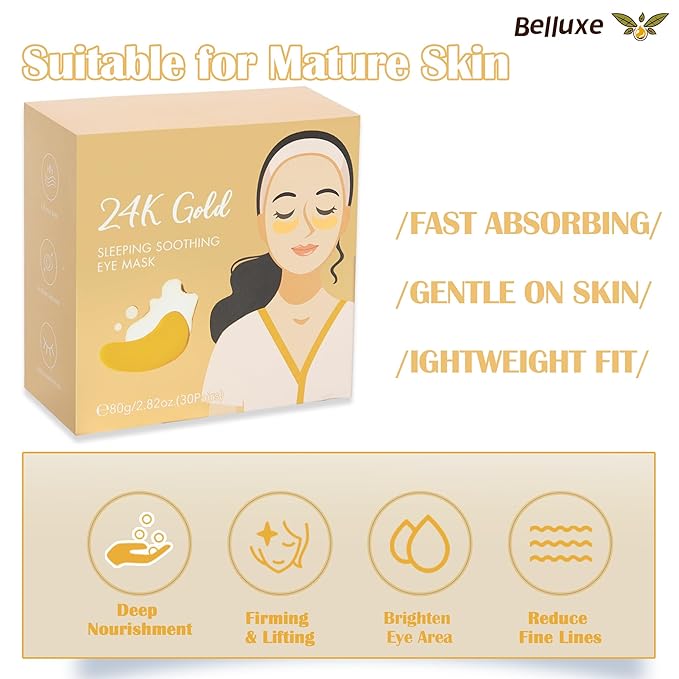 Belluxe 24K Gold Eye Mask – Firming Eye Gel Patches for Wrinkles & Dark Circles, Brightening Under Eye Care