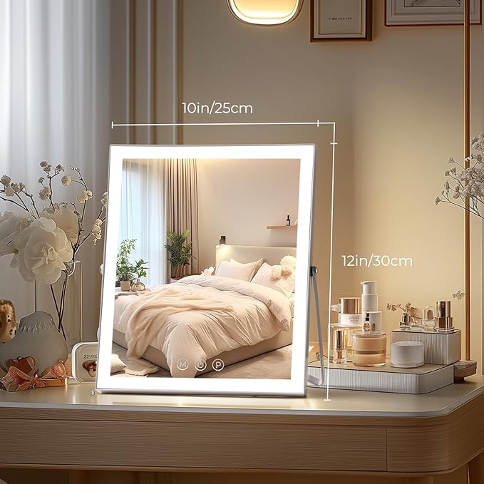 Vanity Mirror with Lights,10"x12" Lighted Makeup Mirror with 3 Color Modes, 360° Rotation Makeup Mirror with Lights, Dual Power Supply, Portable Desk Mirror, Smart Touch Control (White)