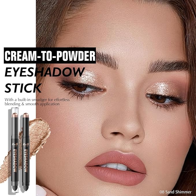 Dual-Ended Sand Shimmer Eyeshadow Stick - Long-Lasting Cream Eye Shadow Stick Crease-Proof Eyeshadow Pencil, Easily Blendable Neutral Eye Highlighter Makeup with Built-in Smudger, 08