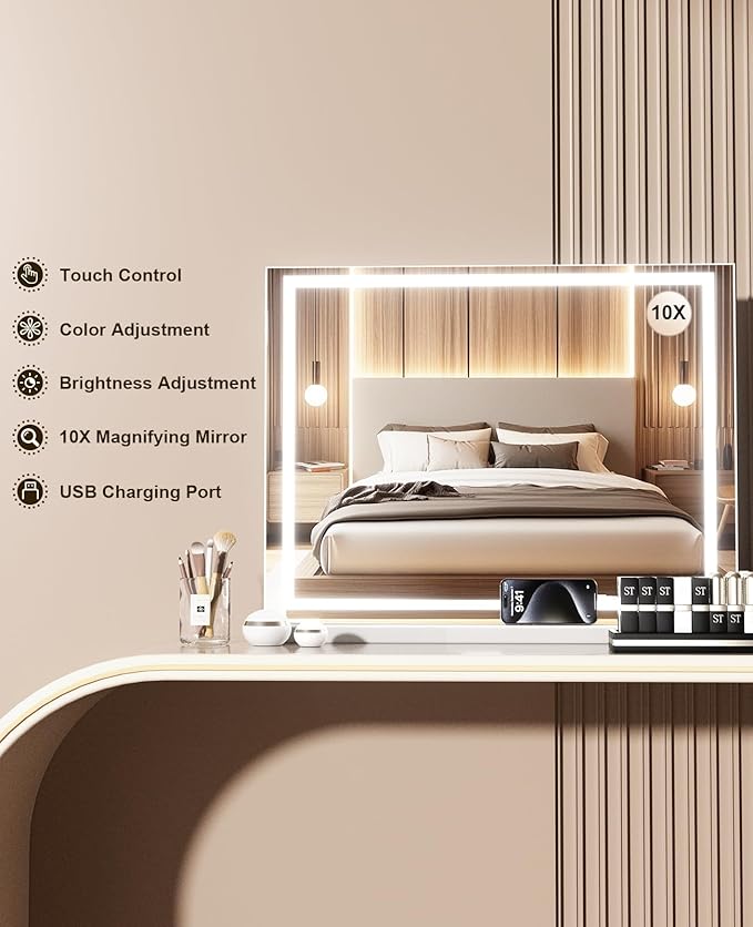 Vanity Mirror with Lights, 23" x 18" Makeup Mirror, Lighted Makeup Mirror with 3 Color Modes & Adjustable Brightness, Detachable 10x Magnification and USB Charging Design (White)