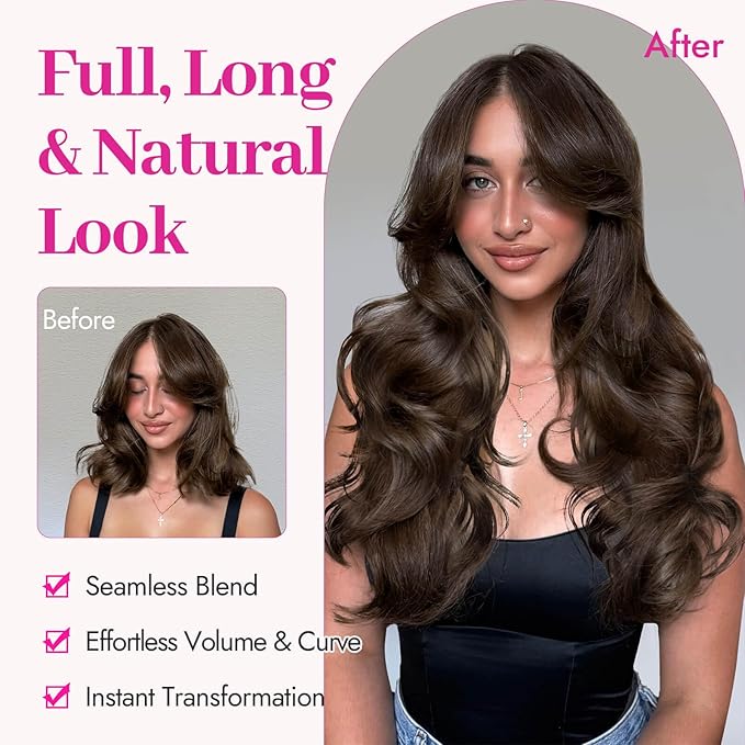 KooKaStyle Clip In Hair Extensions, Natural Long Layered Soft Invisible Synthetic Curly Wavy Hairpieces for Women, 4 pcs (20 Inch, Chocolate Brown)