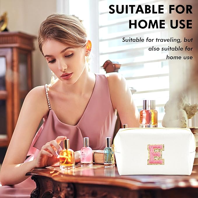 URSKYTOUS Initial Makeup Bag Personalized Preppy Travel Small Cosmetic Bag Cute PU White Chenille Letter Makeup Pouch for Purse Waterproof Zippered Toiletry Organizer for Women Girls Kids Friends (E)