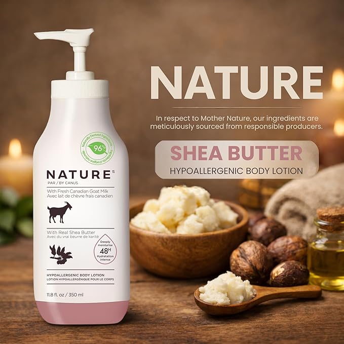 Nature by Canus Creamy Body Lotion, SHEA BUTTER, 11.8 Oz, With Smoothing Fresh Canadian Goat Milk, Vitamin A, B3, Potassium, Zinc, and Selenium