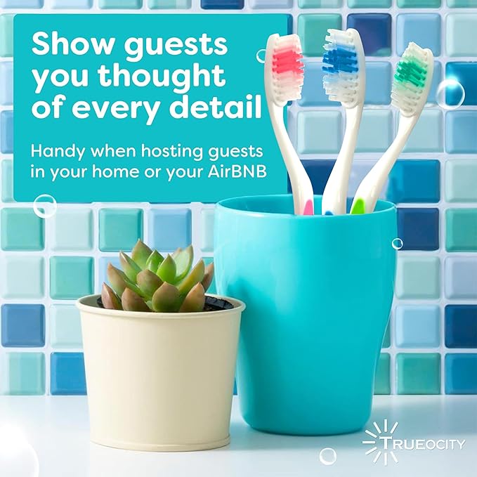 Trueocity 30 Pack Individually Wrapped Toothbrushes - Soft Bristle, Multi-Colored and Perfect for Adults and Kids, Travel Pack, Disposable Toothbrushes for Bulk Use, Oral Care Supplies