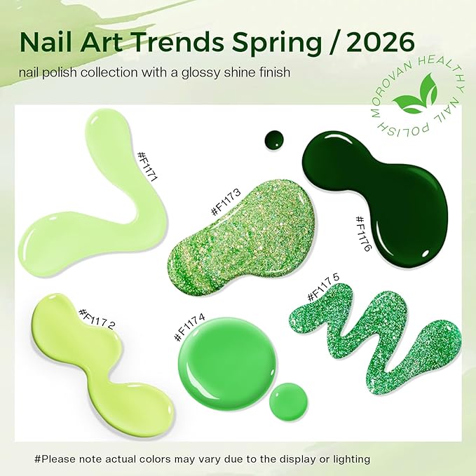 Morovan Green Nail Polish Set: Glitter Emerald Dark Green Spring Summer Fingernail Polish Kit Neon Lime Flash Air Quick-Dry Nail Polish Pack for Nail Art Manicure Gift Holiday Party for Women Girls