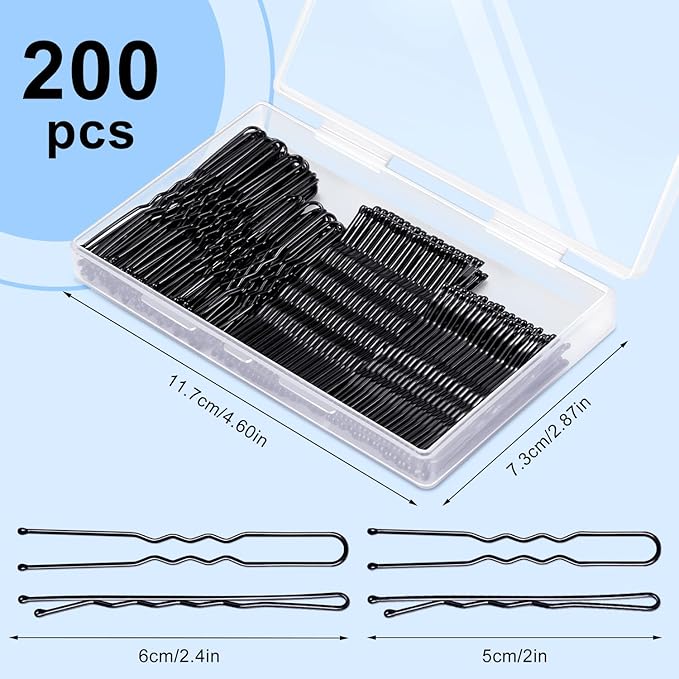 TsMADDTs Bobby Hair Pins Kit, 200 pcs U Shaped Bobby Pins Black for Women, Ballet Buns with Box, 2.4in and 2in