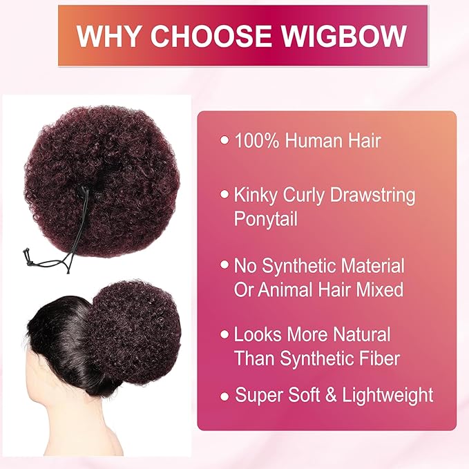 Afro Puff Ponytail Extension Wigs for Black Woman, 99J Burgundy 100% Human Hair 8 Inch Afro Puff Curly Kinky Drawstring Ponytail Bun Short Hair Extensions Clip On Ponytail Bun Hairpieces Updo Wigs