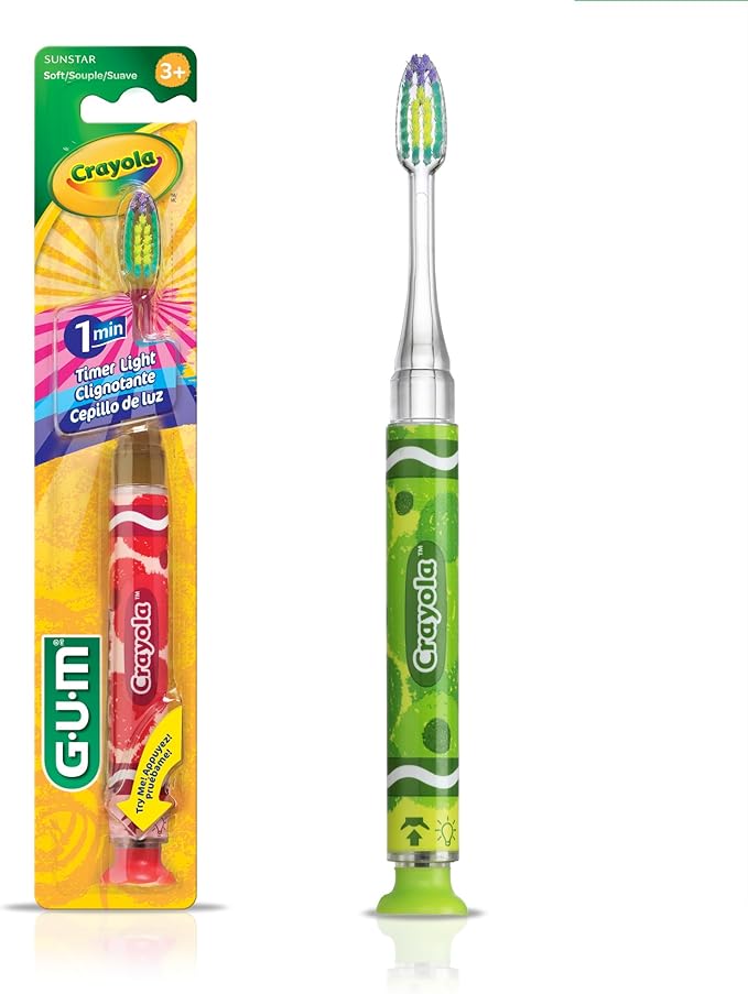 GUM Crayola Kids Light-Up Timer Manual Toothbrush, Soft Bristles with Suction Cup Base, for Children & Toddlers, 1 Count (Ages 3+)