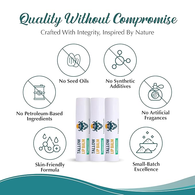 Tallowbourn Moisturizing Tallow Lip Balm – Grass-Fed Beef Tallow with Organic Coconut Oil, Beeswax, and Vitamin E – Peppermint – Lip Balm Set – Travel Essential – 3-Pack