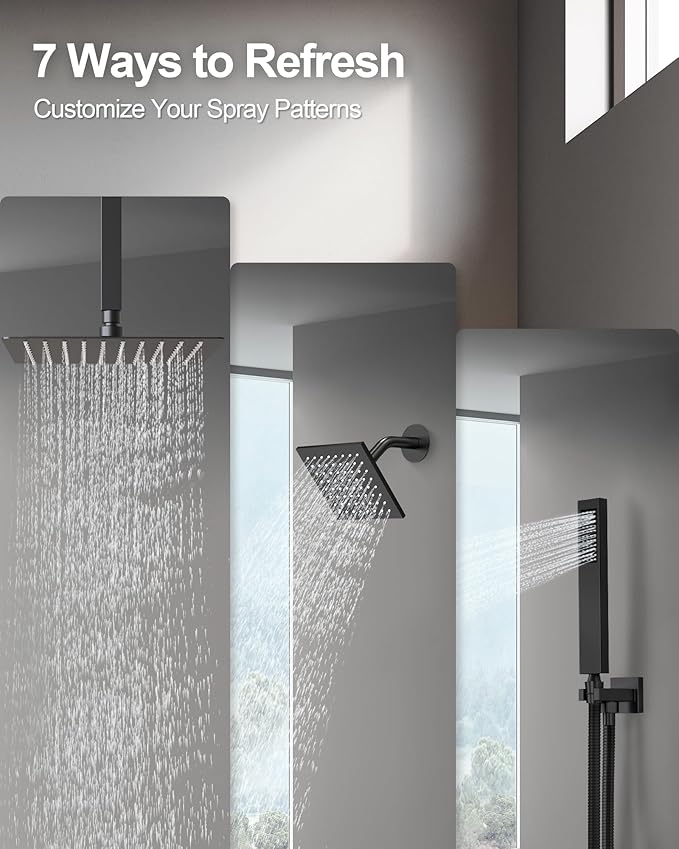 GRANDJOY Thermostatic Shower System, Dual Rainfall Shower Heads for Ceilling & Wall Mounted with Handheld Sprayer, Matte Black