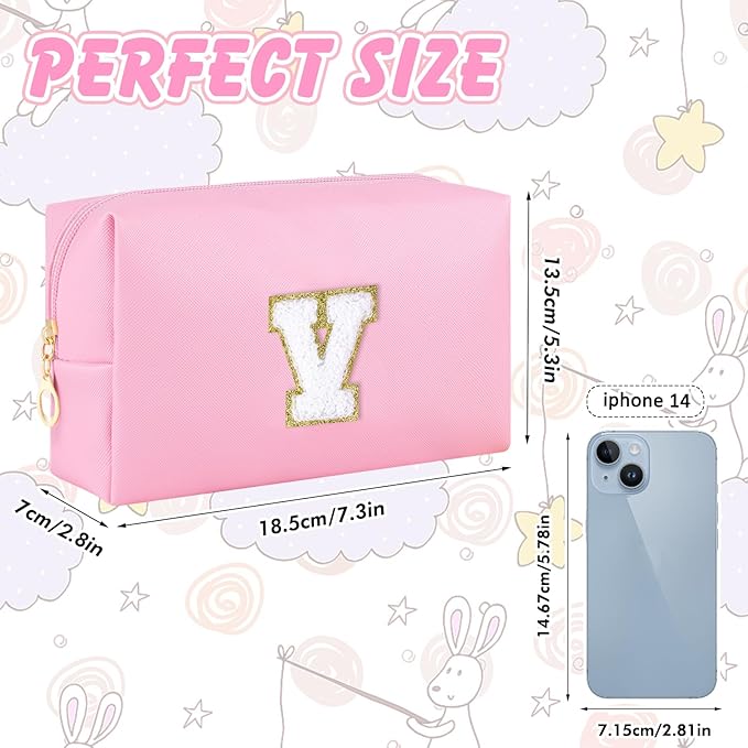 URSKYTOUS Initial Makeup Bag Personalized Preppy Travel Small Cosmetic Bag Cute PU Pink Chenille Letter Makeup Pouch for Purse Waterproof Zippered Toiletry Organizer for Women Girls Kids Friends (V)