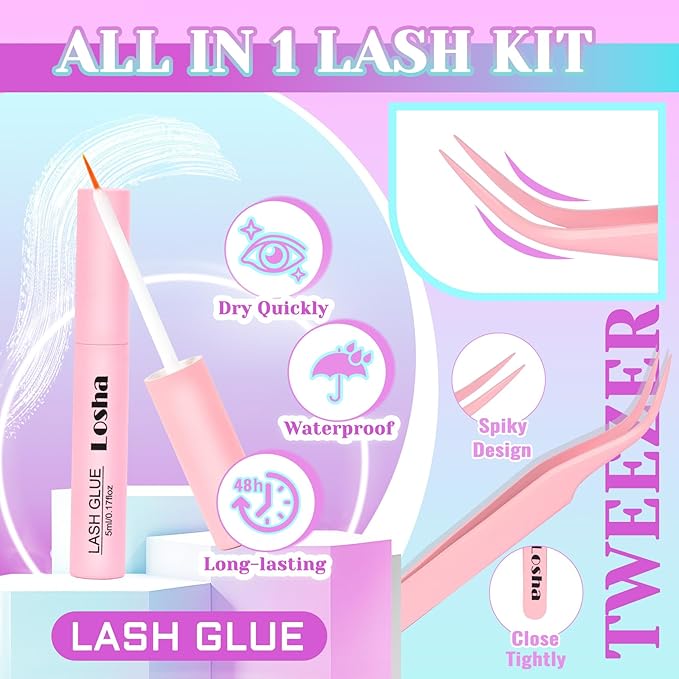 Losha Lashes Kit Volume False Eyelashes Fluffy Cat Eye Lashes 7 Pairs Crisscross Lashes Strips 8-18mm Thick Fake Eyelashes 3D Faux Mink Lashes (FC03 Kit)