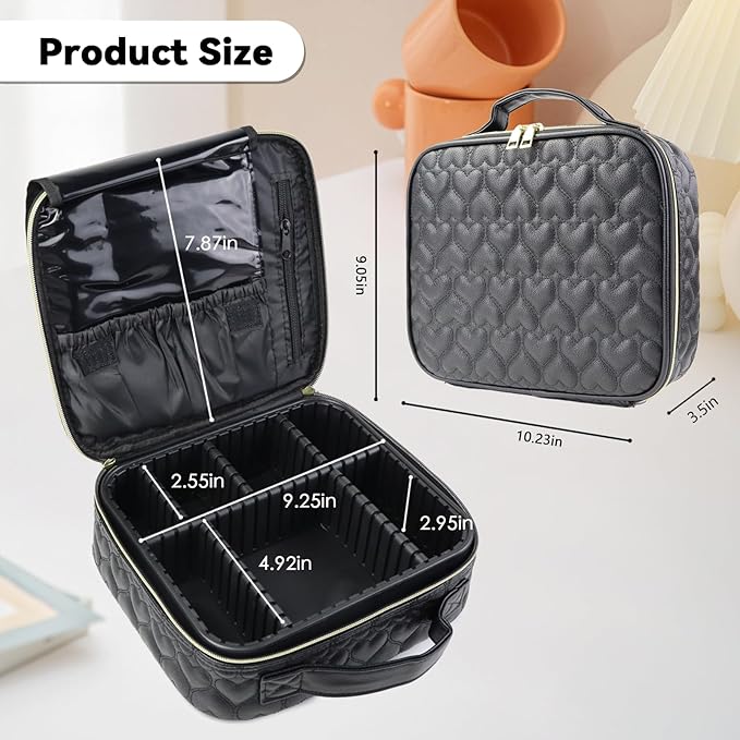 SLUMAZI Travel Makeup Bag Makeup Cosmetic Train Case Organizer Portable Storage Bag with Adjustable Dividers for Cosmetics Makeup Brushes Toiletry Jewelry Heart Pattern