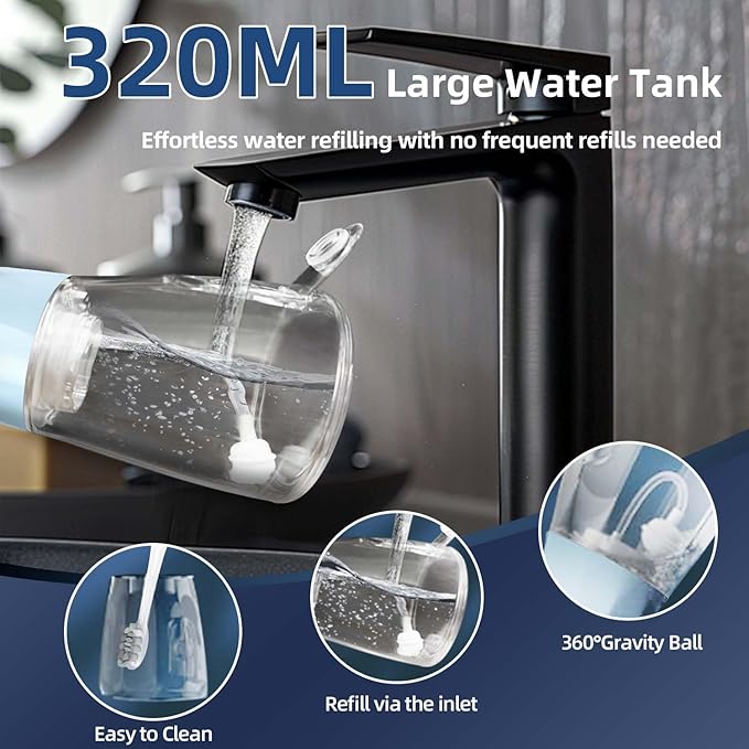 Water Dental Flosser Pick for Teeth Portable Oral Irrigator Rechargeable Travel Irrigation Cleaner 320ML Electric Flossing, IPX8 Waterproof, Waterproof Flossing Cleaning Picks for Home Travel (Blue)