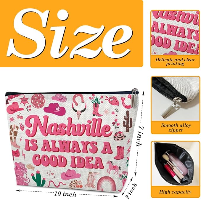 Ythuil Nashville Travel Makeup Bag, Nashville Lover Gift Cosmetic Bag, Country Music Themed Gifts For Traveller Women Friends Sister, Birthday Christmas Bachelorette Party Favors for Girl