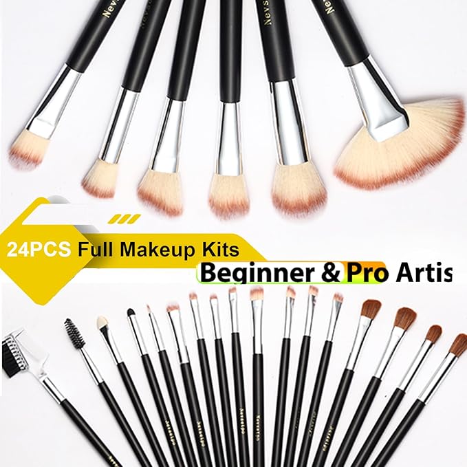 Makeup Brushes for Women, 28PCS Full Makeup Kits Include 24 Makeup Brushes, 2 Large Beauty Blenders, 1 Face Mask Spatula, 1 Brush Cleaning Egg, Makeup Brush Set with Travel-Friendly Case, Black