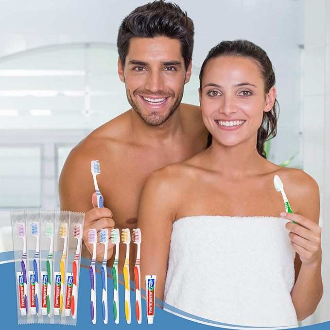 Pack of 50 Disposable Toothbrushes with Toothpaste Individually Wrapped, 10g Travel Toothpaste Single Use Manual Toothbrush Kit for Guests Travel Hotel Nursing (50 pcs,5 Colors)