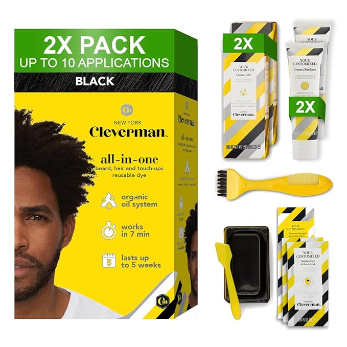2X Reusable Hair & Beard Dye for Black Men – Black | Up to 10 Uses, 7 Minutes | Natural Gray Coverage, No-Drip Cream with SkinArmour® – Cleverman