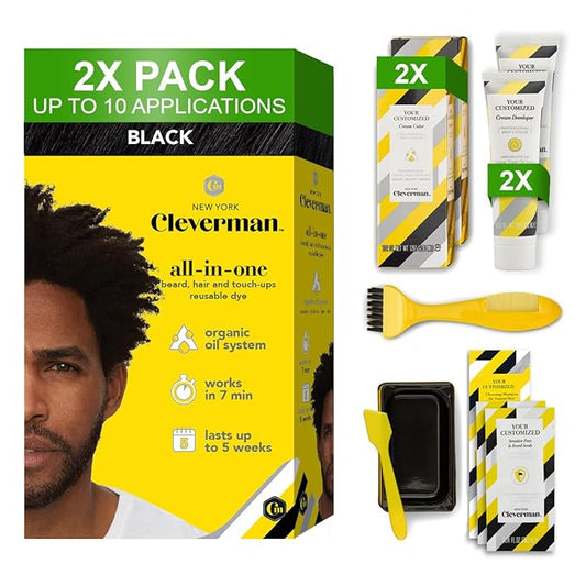 2X Reusable Hair & Beard Dye for Black Men – Black | Up to 10 Uses, 7 Minutes | Natural Gray Coverage, No-Drip Cream with SkinArmour® – Cleverman