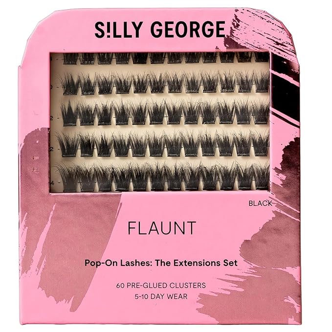 Silly George Pop-On Lashes - DIY 1-Step Pre-Glued Faux Eyelash Clusters, Natural Look Extensions, Black - Flaunt, 5-7 Pair Set, Pack of 60 Clusters