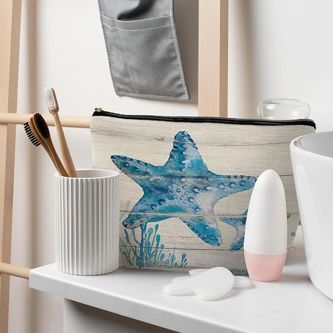 RYYCDOI Ocean Starfish Beach Makeup Bag, Marine Life Sea Animals Cosmetic Bags for Women, Ocean Themed Gifts