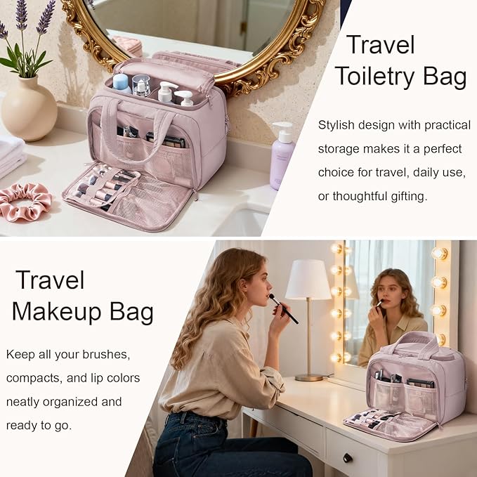 Bagstellar Travel Toiletry Bag, Lightweight Wide-open Large Puffy Toiletry Bag for Women, Quilted Makeup Bag Organizer Water-resistant Cosmetic Bag with Handle for Toiletries, Essentials, Accessories
