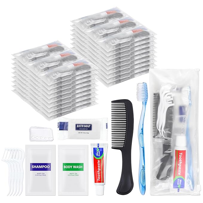 HQSLsund 50 Sets Bulk Hygiene Kits for Homeless,Basic Toiletry Kit Homeless Supplies Bulk,Disposable Toothbrushes with Toothpaste and Comb Individually Wrapped,Bath Soap,Shampoo,Body Wash,Floss Pick