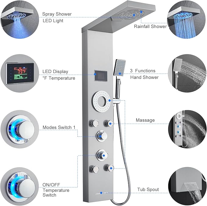 TSIBOMU LED Shower Panel Tower System, Stainless Steel Rainfall & Mist Shower Tower, 5 Body Jets, Handheld Shower, Tub Spout and Hydroelectricity Temperature Display, Brushed Nickel