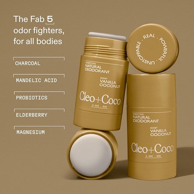 Cleo+Coco Sensitive Deodorant Balm, Vanilla Coconut (2-Pack, 2.2 oz Each), Aluminum-Free, Baking Soda Free Natural Deodorant with 5X Odor Fighters, Vegan, No Synthetic Fragrance