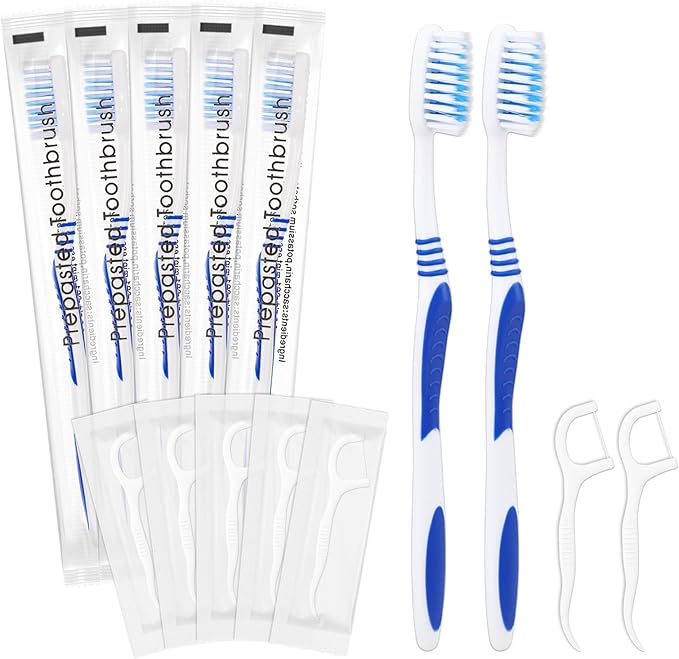 100 Prepasted Disposable Toothbrushes with Dental Floss Individually Wrapped Pre Pasted Toothbrushes Soft Bristle Travel Tooth Brush Single Use Wrapped for Hotel, Camping, Travel, Homeless