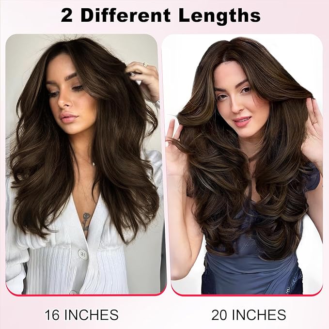 ALXNAN Long Wavy Layered Hair Extensions for Women, Clip in Hair Extensions Clip Ins Soft Full Head Synthetic Hairpieces 16 Inch Chocolate Brown with Dark Brown