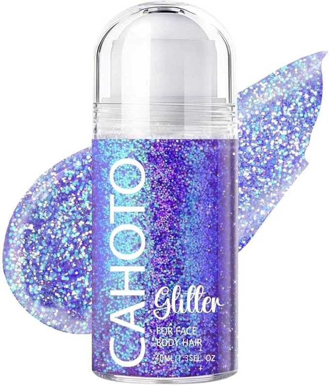 Purple Rolling Glitter for Face Body & Hair, Sparkling Holographic Chunky Shimmer, Roll-on Sequins for Singer Concert Rave Festival Halloween Party Mardi Gras Carnival, 1.35fl.oz