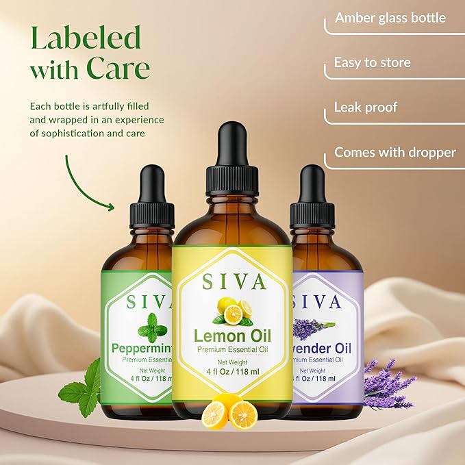 Siva Lemon, Peppermint and Lavender Essential Oil 4oz Bundle Super Saver Combo – Premium Grade Value Set for Aromatherapy, Skincare and Haircare
