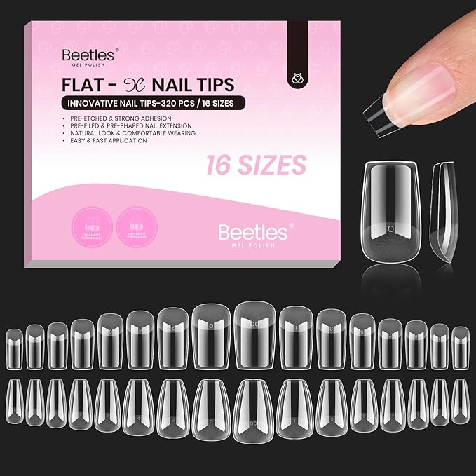 Beetles Gel Nail Tips Flat-X - Square Coffin Short, 320pcs 16 Sizes, Pre-Etched Half Matte Full Cover Soft Acrylic False Nail Tips Easy DIY Press on Nail Extension Salon for Flat & Natural Nail Beds