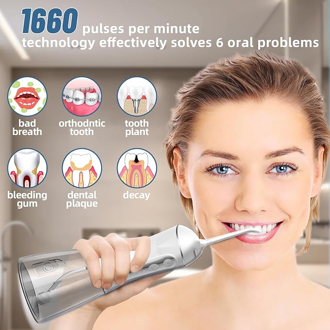 Water Dental Flosser Pick for Teeth Portable Oral Irrigator Rechargeable Travel Irrigation Cleaner 320ML Electric Flossing, IPX8 Waterproof, Waterproof Flossing Cleaning Picks for Home Travel (White)
