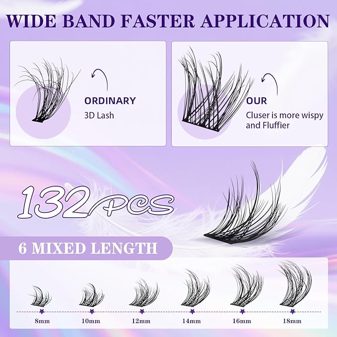 B&Q Lash Clusters Fluffy Wispy Voluminous - 132 PCS Feath5D 07 Layered Individual Cluster Lashes, Feathered Lightweight Eyelash Extensions in 8-18mm, Waterproof False Lashes