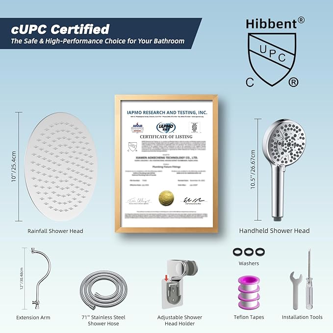 Hibbent All Metal CUPC Certified Shower Head, 10'' High Pressure Rainfall Shower Head, Handheld Showerhead Combo with 12'' Adjustable Extension Arm, 10-Spray, 71'' Shower Hose, Shower Holder, Chrome