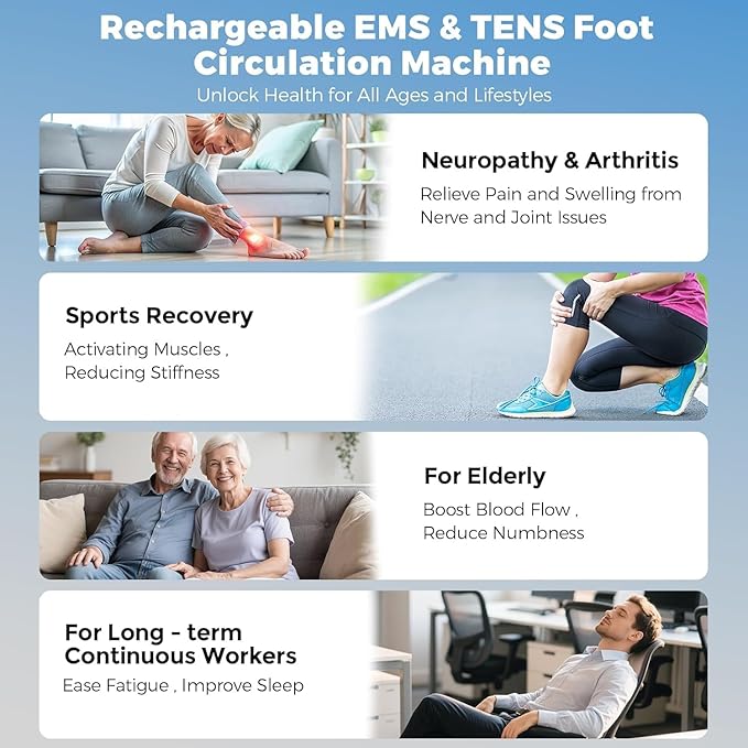 EMS Foot Massager for Neuropathy,NMES Foot Circulation Stimulator for Pain Relief, Plantar Fasciitis & Muscle Recovery,TENS Unit Muscle Stimulator with 4 Electrode Pads,12 Modes 20 Intensities