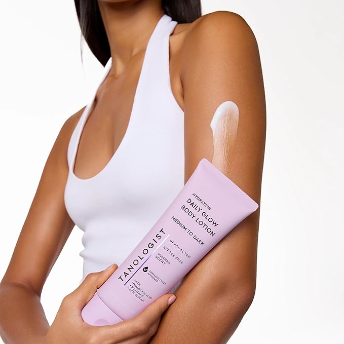Tanologist Brightening Daily Glow Body Lotion- Medium/Dark, Gradual Tanning Lotion, No Fake Tan Smell, Streak-Free & Natural Looking Self Tanner, Vegan, 8.45 fl. oz/250 ml Tube